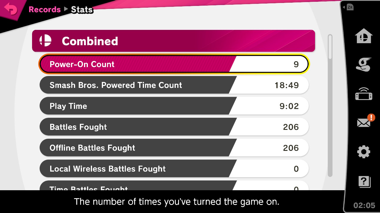 Stats screenshot of Super Smash Bros. Ultimate video game interface.