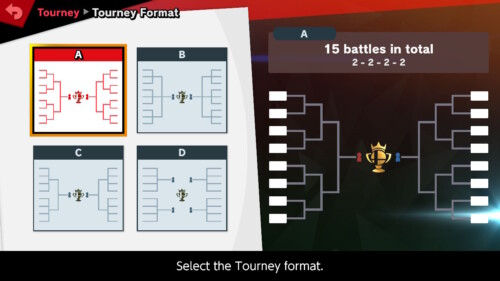 Tourney format screenshot of Super Smash Bros. Ultimate video game interface.