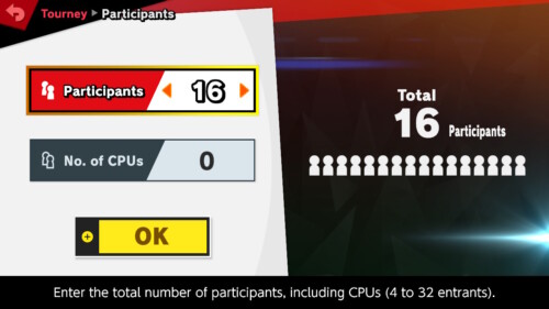 Tourney participants screenshot of Super Smash Bros. Ultimate video game interface.