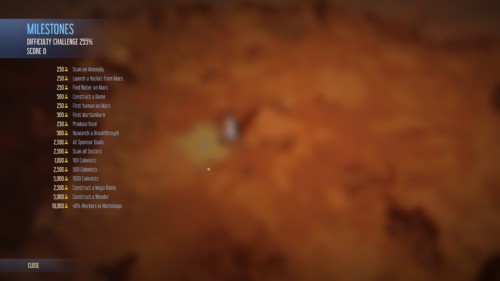 Milestones screenshot of Surviving Mars video game interface.
