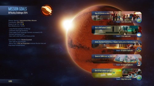 Mission goals screenshot of Surviving Mars video game interface.