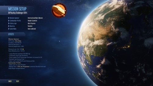Mission setup screenshot of Surviving Mars video game interface.