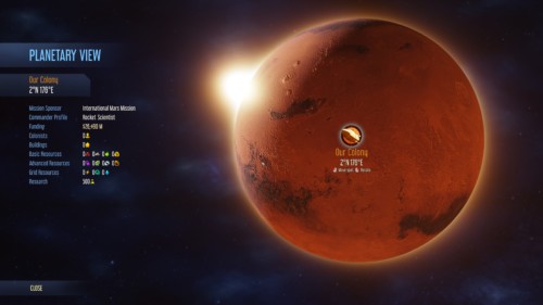 Planetary view screenshot of Surviving Mars video game interface.