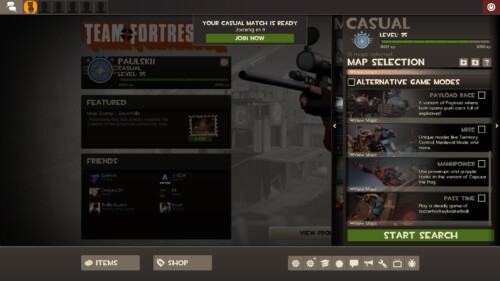 Match ready screenshot of Team Fortress 2 video game interface.