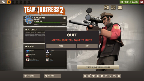 Quit game screenshot of Team Fortress 2 video game interface.