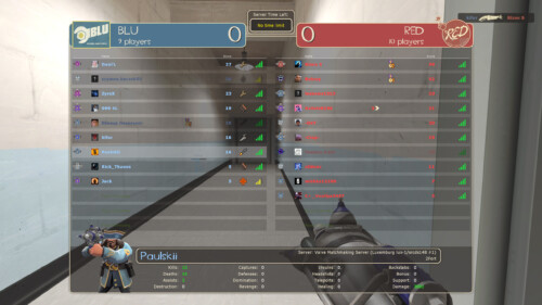 Scoreboard screenshot of Team Fortress 2 video game interface.
