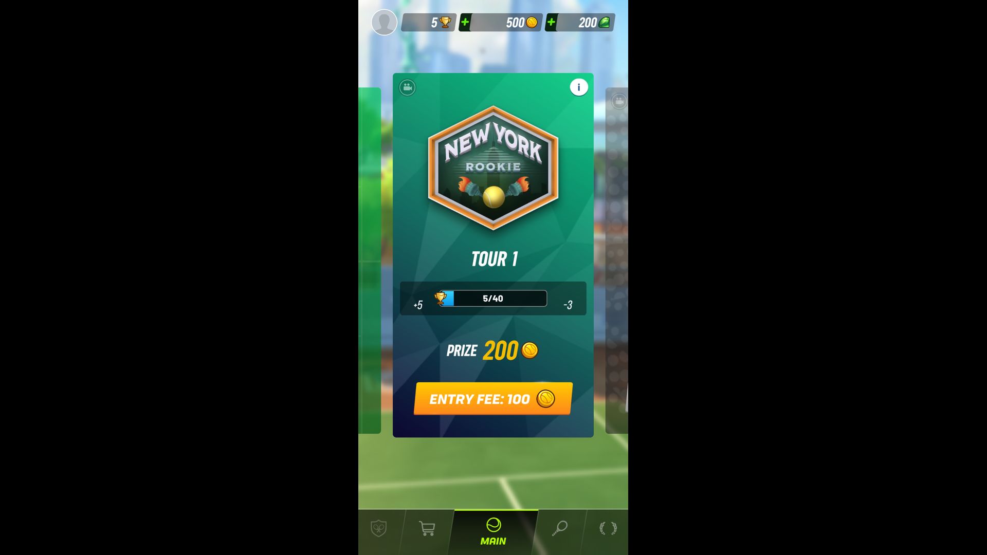 Venue Selection screenshot of Tennis Clash video game interface.
