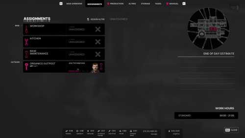 Assignments screenshot of The Alters video game interface.