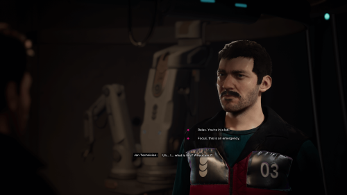 Dialogue screenshot of The Alters video game interface.