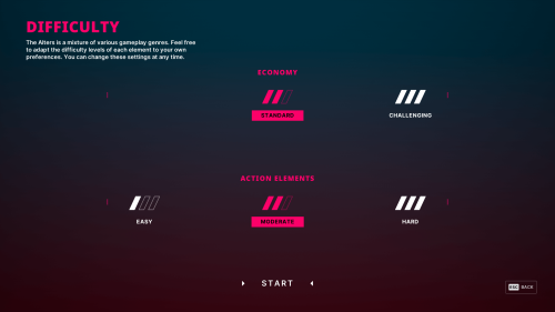 Difficulty screenshot of The Alters video game interface.