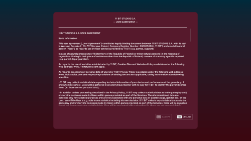 EULA screenshot of The Alters video game interface.