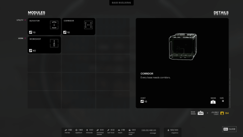 Modules screenshot of The Alters video game interface.