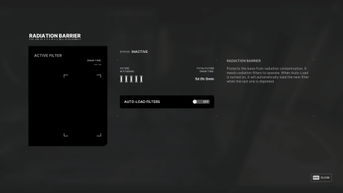 Radiation Barrier screenshot of The Alters video game interface.