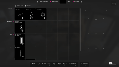 Storage screenshot of The Alters video game interface.