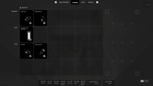 Storage screenshot of The Alters video game interface.