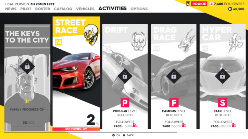 Select events screenshot of The Crew 2 video game interface.