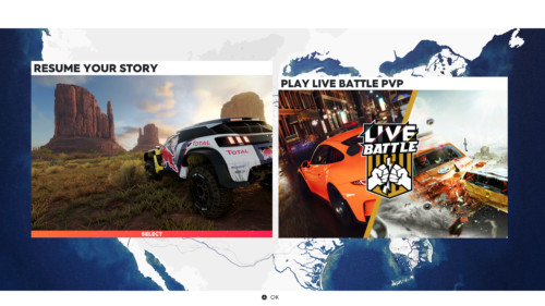 Select mode screenshot of The Crew 2 video game interface.