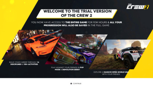 Welcome screenshot of The Crew 2 video game interface.