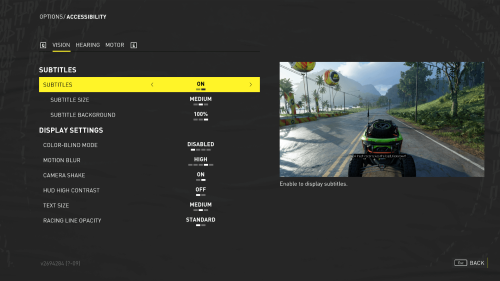 Accessibility screenshot of The Crew Motorfest video game interface.