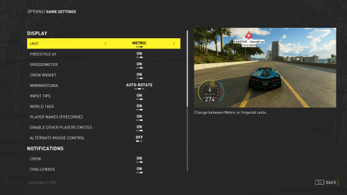 Game Settings screenshot of The Crew Motorfest video game interface.