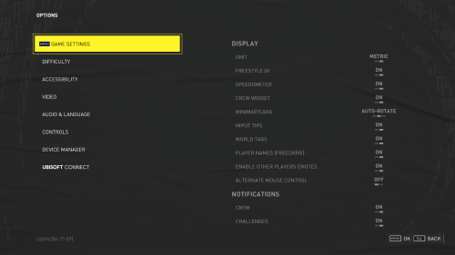 Options screenshot of The Crew Motorfest video game interface.