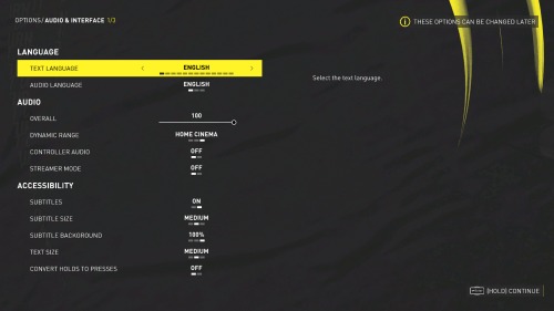 Settings Pre Game 1/3 screenshot of The Crew Motorfest video game interface.