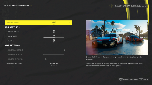 Settings Pre Game 2/3 screenshot of The Crew Motorfest video game interface.