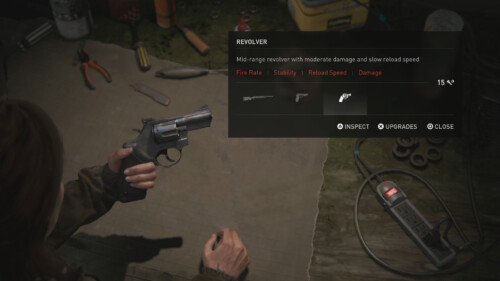 Weapon Upgrade Workbench screenshot of The Last of Us Part II video game interface.