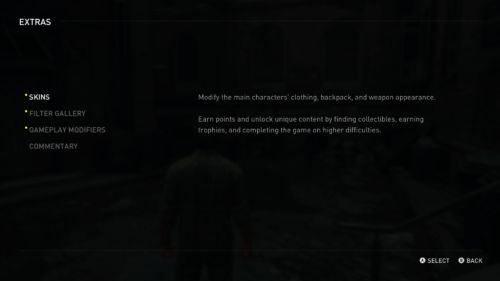 Extras screenshot of The Last of Us video game interface.