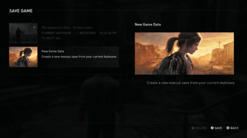 Save Game screenshot of The Last of Us video game interface.