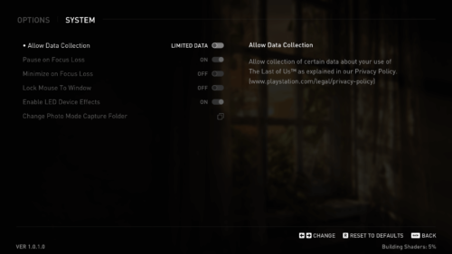 System screenshot of The Last of Us video game interface.