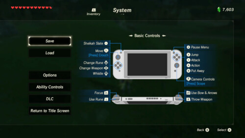 Basic controls screenshot of The Legend of Zelda: Breath of the Wild video game interface.