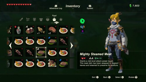 Food screenshot of The Legend of Zelda: Breath of the Wild video game interface.