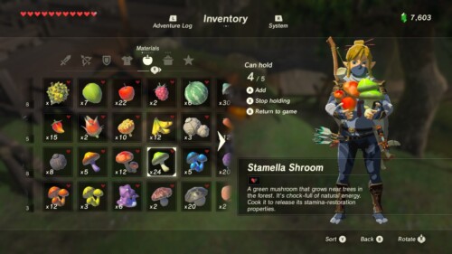 Materials screenshot of The Legend of Zelda: Breath of the Wild video game interface.