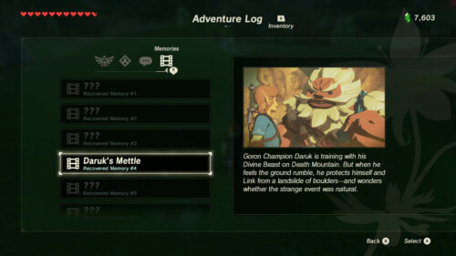 Memories screenshot of The Legend of Zelda: Breath of the Wild video game interface.