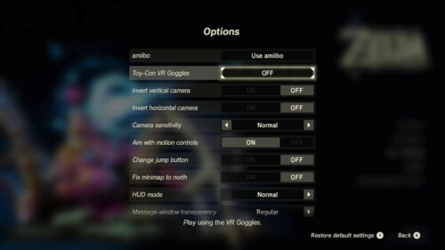 Options screenshot of The Legend of Zelda: Breath of the Wild video game interface.