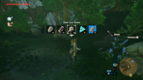 Select shield screenshot of The Legend of Zelda: Breath of the Wild video game interface.