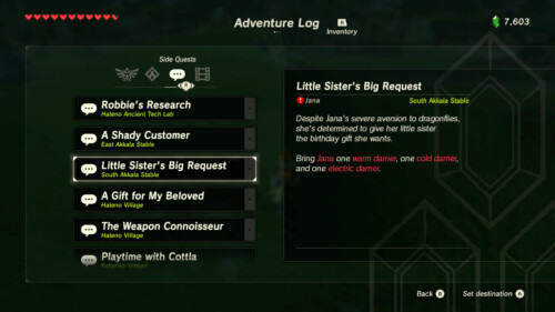 Side quests screenshot of The Legend of Zelda: Breath of the Wild video game interface.