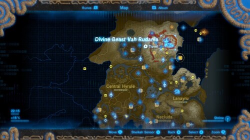World map screenshot of The Legend of Zelda: Breath of the Wild video game interface.