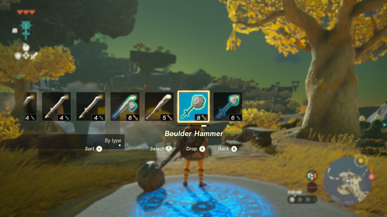 Weapon Selection screenshot of The Legend of Zelda: Tears of the Kingdom video game interface.