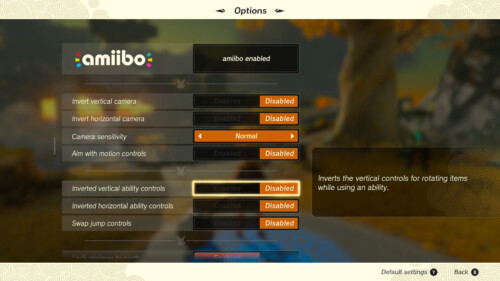 Options screenshot of The Legend of Zelda: Tears of the Kingdom video game interface.