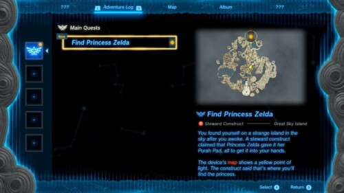 Quest screenshot of The Legend of Zelda: Tears of the Kingdom video game interface.
