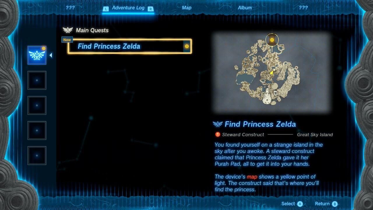 Quest screenshot of The Legend of Zelda: Tears of the Kingdom video game interface.
