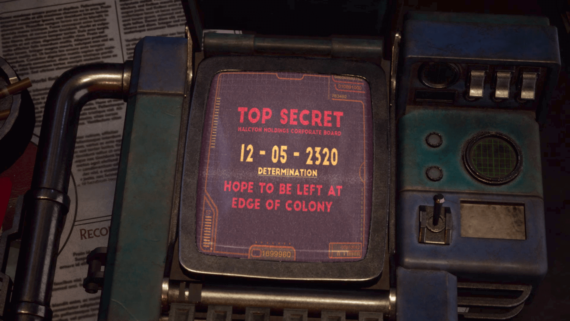 Cut Scene screenshot of The Outer Worlds video game interface.