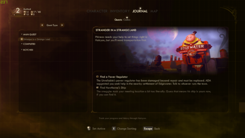 Journal screenshot of The Outer Worlds video game interface.