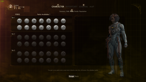 Perks screenshot of The Outer Worlds video game interface.
