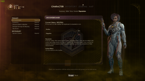Reputation screenshot of The Outer Worlds video game interface.