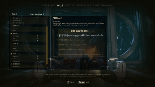 Skills screenshot of The Outer Worlds video game interface.