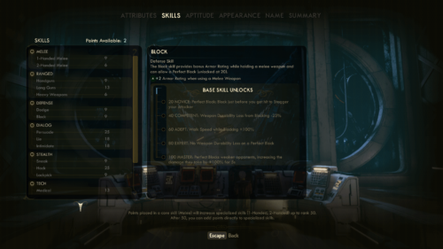 Skills screenshot of The Outer Worlds video game interface.