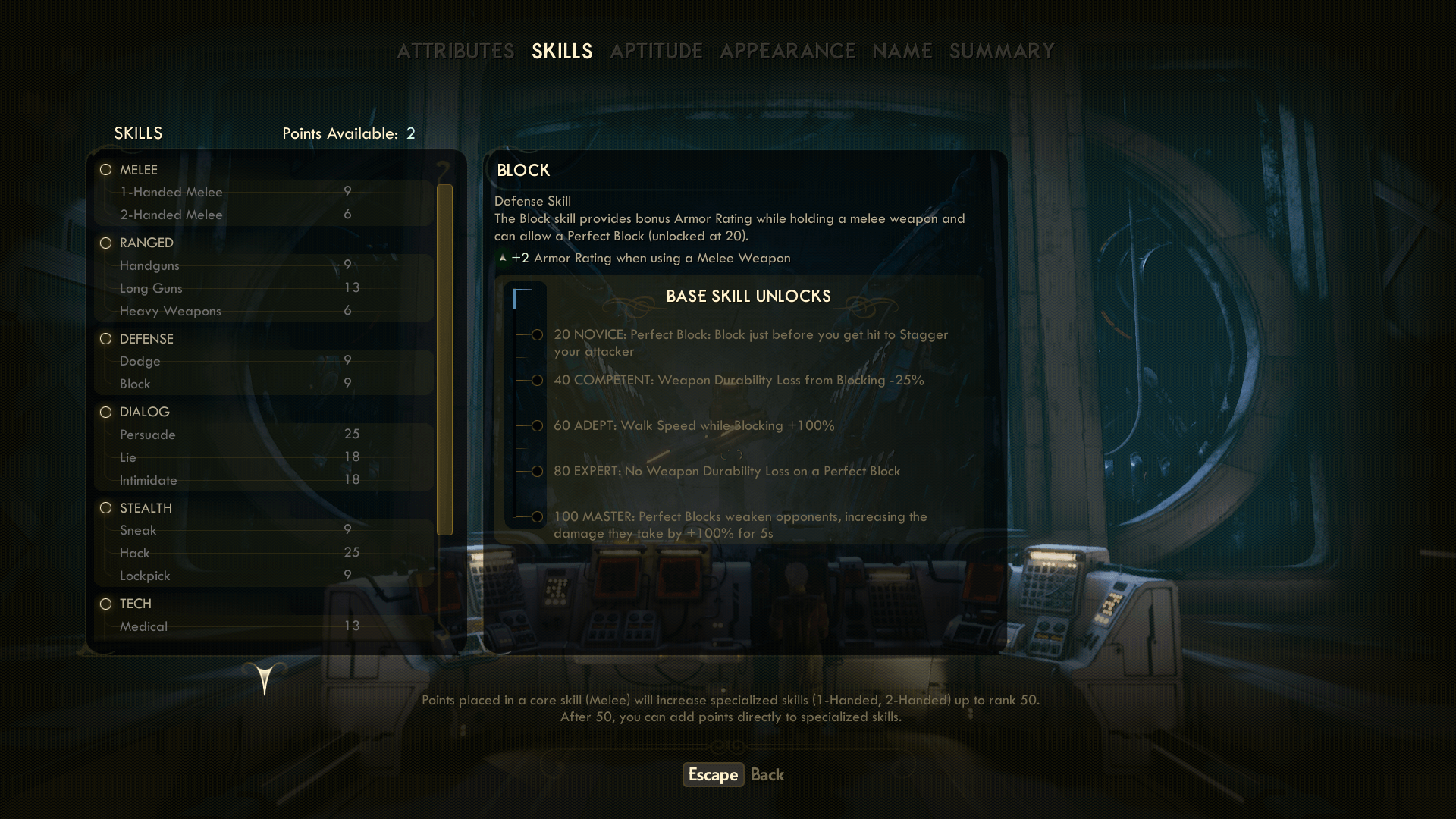 Skills screenshot of The Outer Worlds video game interface.